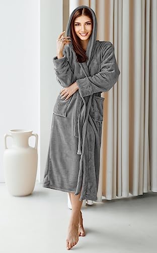 NY Threads Womens Fleece Hooded Bath Robe - Plush Long Robe, Steel Grey, Medium