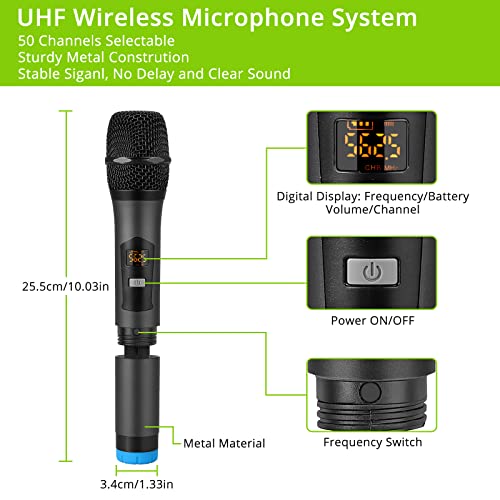 LiNKFOR Portable UHF 4 Channel Wireless Microphone System with Four Handheld Wireless Microphone, Bluetooth Wireless Connection for Mobliephones, 50 * 4 Frequencies, with Echo, AUX Input & Output