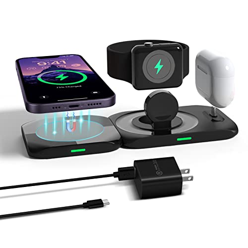 CIVPOWER Wireless Magnetic Charging Station 4 in 1, Mag-Safe Charger Compatible for iPhone 15/14/13/12/11, Fast Charge Pad Compatible for Apple Watch Ultra/8/7/SE2/Airpods 1 2/ Pro1 2(QC 3.0 Adapter)