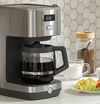GE Drip Coffee Maker With Timer | 12-Cup Glass Carafe Coffee Pot With Warming Plate | Adjustable Brew Strength | Wide Shower Head for Maximum Flavor | Kitchen Essentials | Stainless Steel