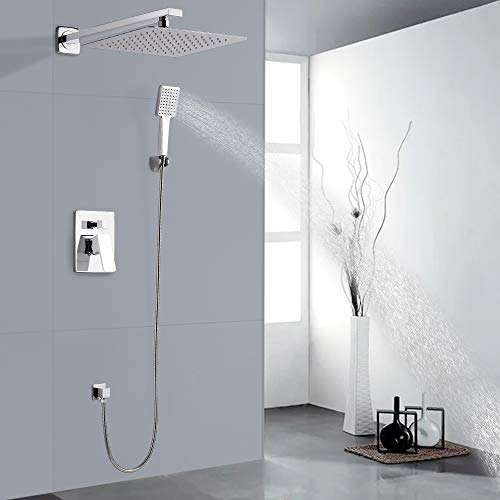 SOKA Shower Faucet Set Chrome 10 Inch Rainfall Shower Head And High Pressure Handheld Shower Head Rain Shower System Shower Trim Kit with Valve Pressure Balance Wall Mount Square Shower Combo Set