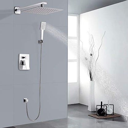 SOKA Shower Faucet Set Chrome 10 Inch Rainfall Shower Head And High Pressure Handheld Shower Head Rain Shower System Shower Trim Kit with Valve Pressure Balance Wall Mount Square Shower Combo Set