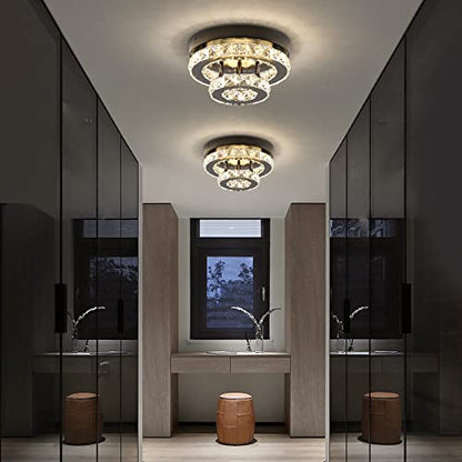 ECOBRT Mini Crystal Chandeliers Modern Black Flush Mount Ceiling Light Surface Mount Led Ceiling Light Bedroom Ceiling Lights Indoor 9.8" Diameter Black 3000K