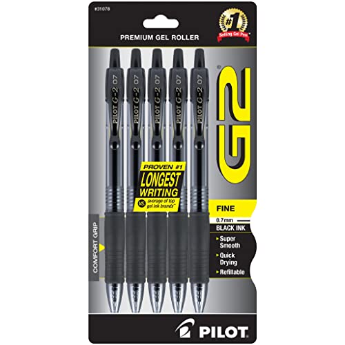 PILOT G2 Premium Refillable & Retractable Rolling Ball Gel Pens, Fine Point, Black Ink, 5-Pack (31078)