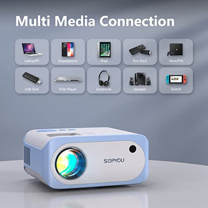 Mini Projector, Native 1080P Full HD 9000L SOPYOU Movie Outdoor Projector 4K Supported, Video Mini Portable Projector for HDMI, USB, Laptop, TV Stick, PS5, IOS & Android, U Disk