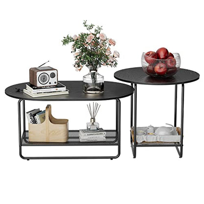 Amada Coffee Table Set, 2-Tier Center Table with Open Shelf and Metal Frame, Modern Round Coffee Table for Living Room, Set of 2, AMCT2B