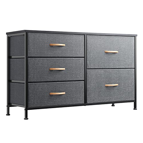 Nicehill Dresser for Bedroom with 5 Drawers, Storage Drawer Organizer, Wide Chest of Drawers for Closet, Clothes, Kids, TV Stand with Storage Drawers, Wood Board, Fabric Drawers(Black Grey)