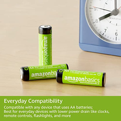 Amazon Basics 24-Pack Rechargeable AA NiMH Batteries, 2000 mAh, Recharge up to 1000x Times, Pre-Charged