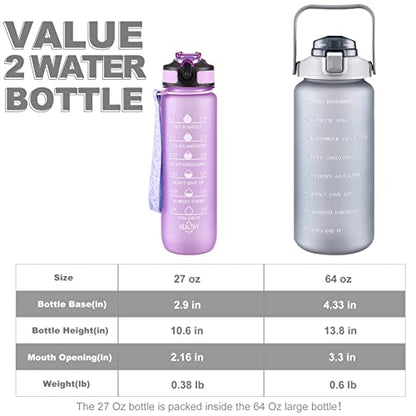 VOGVOG 2 Pack Water Bottles 64 Oz + 27 Oz, Sport Water Bottle with Straw & Time Marking,Gym Drinks Bottle, Half Gallon Motivational Water Jug for Women, BPA Free