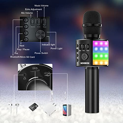 BONAOK Karaoke Microphone for Kids Adults Wireless Mic with Bluetooth Speaker Rechargeable Portable Handheld Echo Microphones with Disco Light for Party Home Outdoor Speaking Singing,Q37L (Black)