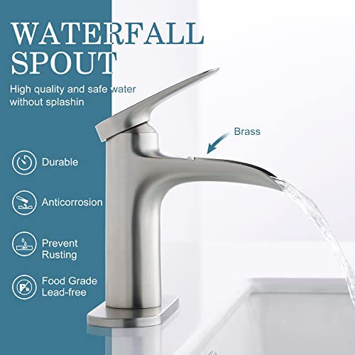 Brushed Nickel Bathroom Faucet, YardMonet Waterfall Bathroom Faucet with Pop Up Drain Single Hole Bathroom Faucet, Single Handle Bathroom Sink Faucet, RV Faucet Brass