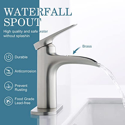 Brushed Nickel Bathroom Faucet, YardMonet Waterfall Bathroom Faucet with Pop Up Drain Single Hole Bathroom Faucet, Single Handle Bathroom Sink Faucet, RV Faucet Brass