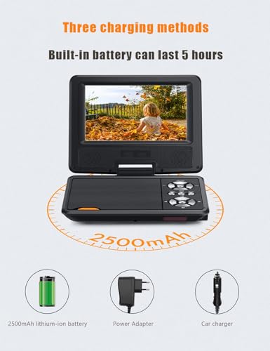 11.5’’ Portable DVD Player, 9.5’’ Rotatable Screen, Suitable for Children/Elderly/Car Travel, Support Sync TV/USB/SD Card, Speaker & Dual Headphone Jack, Black