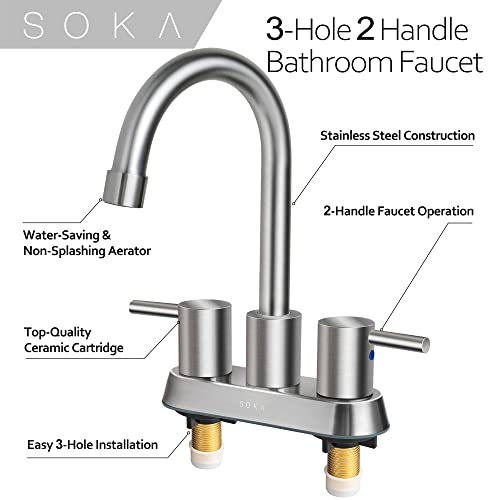 SOKA Commercial Bathroom Faucet 3 Hole Brushed Nickle Bathroom Sink Faucet with Pop-Up Drain Deck Plate for 3 Hole, 2 Handles 4 Inch Sink Lavatory Faucets with 360° Swivel
