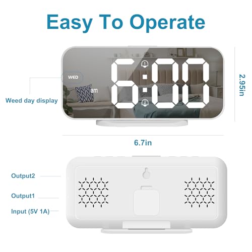 ALANAS Digital Alarm Clock with Dual Alarms, Mirror LED Bedroom Alarm Clocks for Kids, Adjustable Brightness, Snooze, 2 USB Ports for Cellphone Charging, 12/24 Hour Display., White
