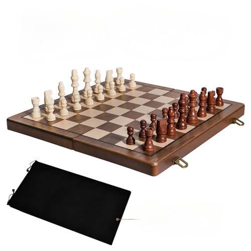 DAWEN LONE 15" Chess Set,Chess Board,Magnetic Wooden Chess Board,Augment 2 Queen,Folding Board Individual Piece Storage Slot and Storage Bag,Suitable for Beginners All Chess Lovers