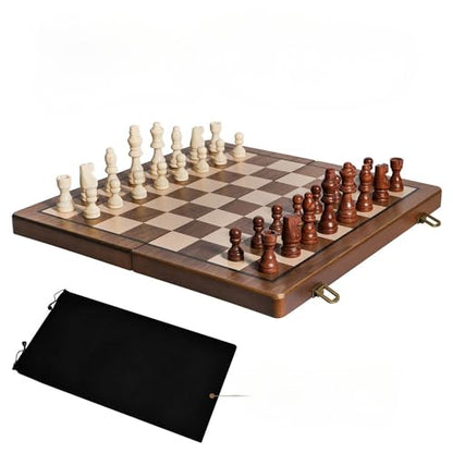 DAWEN LONE 15" Chess Set,Chess Board,Magnetic Wooden Chess Board,Augment 2 Queen,Folding Board Individual Piece Storage Slot and Storage Bag,Suitable for Beginners All Chess Lovers