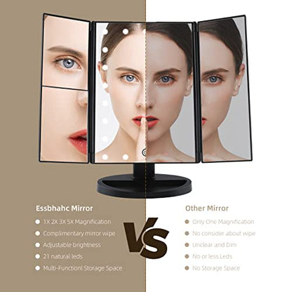 Essbhach 21LED Lighted Vanity Makeup Mirror, 4 Magnifications and Touch Screen Dimming,180° Rotation Trifold Cosmetic Mirror with Dual Power and Adjustable Brightness, Gift for Mothers Day