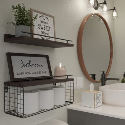 WOPITUES Floating Shelves with Bathroom Wall Décor Sign, Wood Floating Bathroom Shelves over Toilet with Toilet Paper Storage Basket Set of 3, Floating Shelf with Guardrail for Wall Décor–Rustic Brown