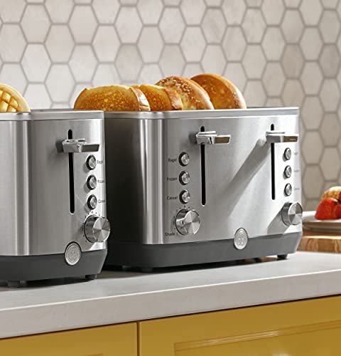 GE Stainless Steel Toaster | 4 Slice | Extra Wide Slots for Toasting Bagels, Breads, Waffles & More | 7 Shade Options for the Entire Household to Enjoy | Countertop Kitchen Essentials | 1500 Watts