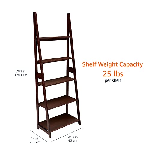 Amazon Basics Modern 5-Tier Ladder Bookshelf Organizer, Solid Rubberwood Frame, Espresso Finish, 14 D x 24.8 W x 70.1 H in