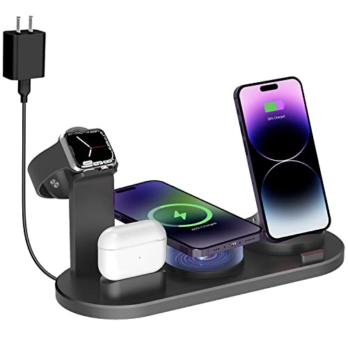 Magnetic Wireless Charger, 4 in 1 Wireless Charging Station Multiple Devices for Apple iPhone 15/15 Pro/15 Plus/15 Pro Max, 14,13,12 Pro/Max/Mini/Plus, AirPods, Apple Watch - Black