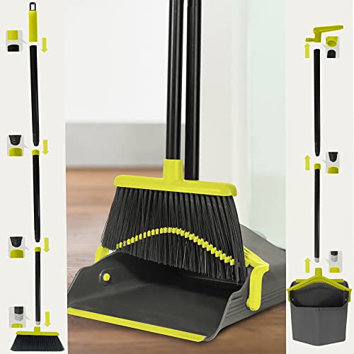 Long Handle Broom and Dustpan Set Broom Set Cleaning Supplies Upright Dust Pan Combo for Home Kitchen Office Lobby Floor Indoor Outdoor Dustpan Broom Set
