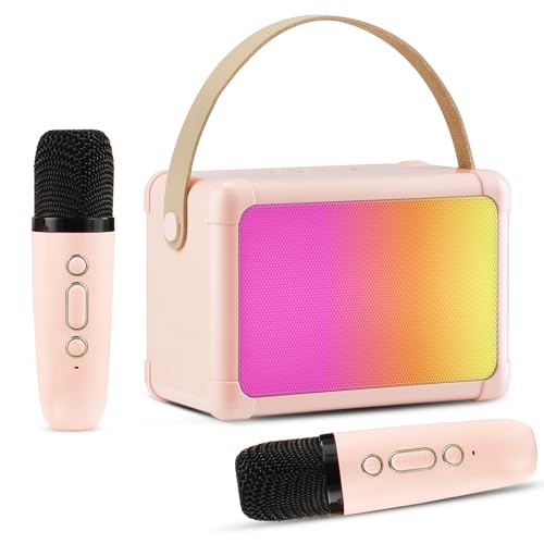 Karaoke Machine for Kids, Giecy Mini Portable Bluetooth Karaoke Speaker with 2 Wireless Mics and Colorful Lights for Kids Adults, Gifts Toys for Girls Boys Family Home Party (Pink)