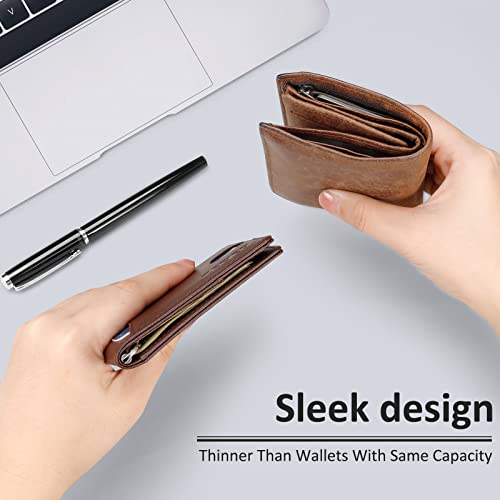 ZECICO Wallet Bifold leather Minimalist Slim: Mens Wallet with Bill Pocket RFID Blocking Bifold Front Pocket Wallet for Men with ID Window Gift Box (X-Clip Brown)