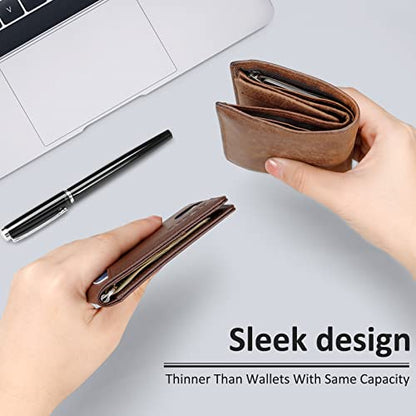 ZECICO Wallet Bifold leather Minimalist Slim: Mens Wallet with Bill Pocket RFID Blocking Bifold Front Pocket Wallet for Men with ID Window Gift Box (X-Clip Brown)