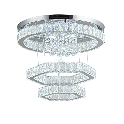 Zswanbei 19.6" Crystal LED Chandelier Pendant Light Fixture Stainless Steel 3 Ring Modern Ceiling Lamps for Living Room Dining Room Bedroom (Cool White)