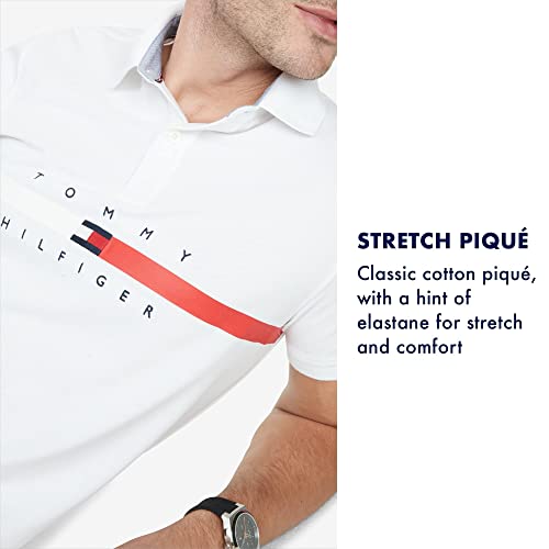 Tommy Hilfiger Men's Short Sleeve Cotton Pique Flag Polo in Regular Fit, Bright White, Large