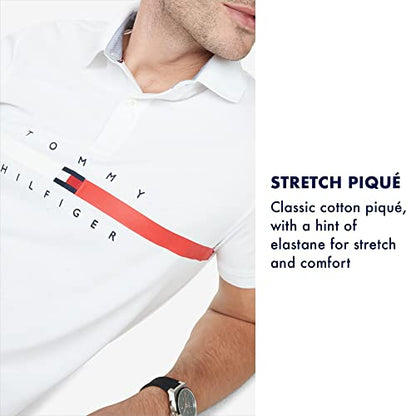 Tommy Hilfiger Men's Short Sleeve Cotton Pique Flag Polo in Regular Fit, Bright White, Large