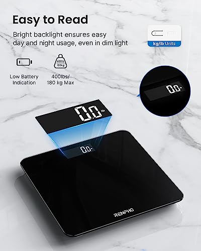 RENPHO Digital Bathroom Scale, Highly Accurate Body Weight Scale with Lighted LED Display, Round Corner Design, 400 lb, Black-Core 1S
