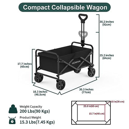 Collapsible Wagon, Wagon Cart with Wheels Foldable, Utility Wagon Cart with Wheels Foldable, Heavy Duty 100L Large with Drink Holders for Garden, Camping, Beach, Shopping(Black)
