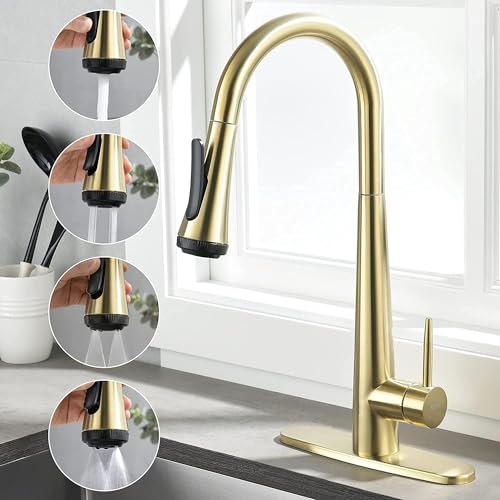 UPDATE: SOLD OUT! Kitchen Faucet with Pull Down Sprayer: Kitchen Sink Faucet, 4 Modes Sprayer Kitchen Faucet with Sprayer for Farmhouse Camper Laundry Utility RV Wet Bar, Brushed Gold