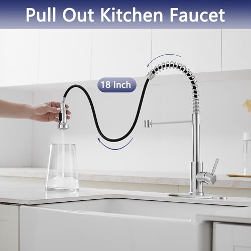 VOTON Kitchen Faucets with Pull Out Sprayer Commercial Spring Sink Faucet Stainless Steel Chrome Pull Down Single Handle Farmhouse faucets with Deck Plate for Camper Laundry Utility Rv Wet Bar