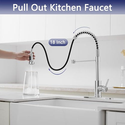 VOTON Kitchen Faucets with Pull Out Sprayer Commercial Spring Sink Faucet Stainless Steel Chrome Pull Down Single Handle Farmhouse faucets with Deck Plate for Camper Laundry Utility Rv Wet Bar