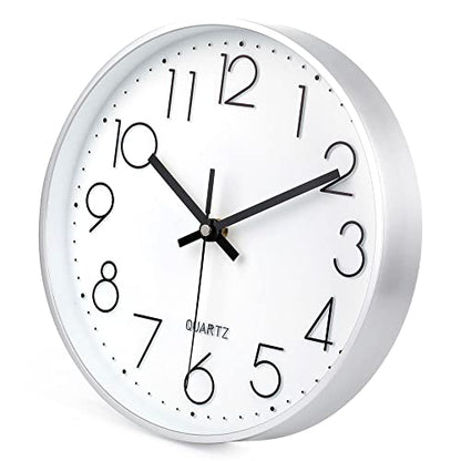 jomparis 10 Inch Silver Wall Clock Battery Operated Silent & Non-Ticking Wall Clock for Home Office Bathroom