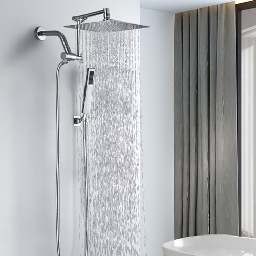 All Metal Rain Shower Head with Handheld Combo, 10'' High Pressure Rainfall Shower Head Sprayer, Handheld Shower Head with Shower Holder, Adjustable Extension Arm, Bathroom Upgrade, Polished Chrome