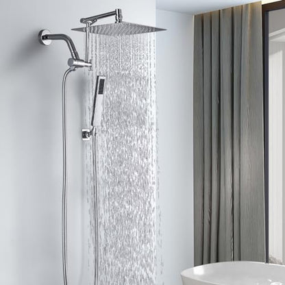 All Metal Rain Shower Head with Handheld Combo, 10'' High Pressure Rainfall Shower Head Sprayer, Handheld Shower Head with Shower Holder, Adjustable Extension Arm, Bathroom Upgrade, Polished Chrome
