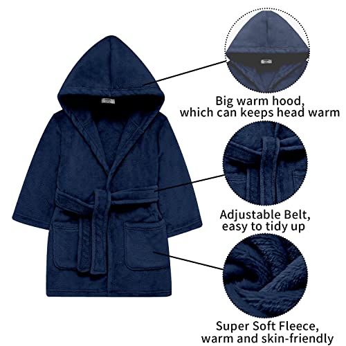 V.&GRIN Boys Fleece Robe, Hooded Toddler Soft Fuzzy Bathrobe for Kids 3-14 Years（Navy 7-8