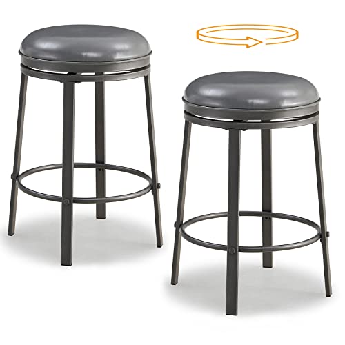 OUllUO Swivel Bar Stools Set of 2, 25 Inch Backless Counter Bar Height Stools, PU Leather Round Kitchen Counter Stools, Industrial Kitchen Island Stools with Metal Base, 520P-SGPU, Grey, 2Pcs