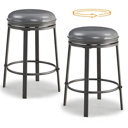 OUllUO Swivel Bar Stools Set of 2, 25 Inch Backless Counter Bar Height Stools, PU Leather Round Kitchen Counter Stools, Industrial Kitchen Island Stools with Metal Base, 520P-SGPU, Grey, 2Pcs