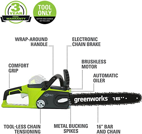 Greenworks 40V 16" Brushless Cordless Chainsaw (Great For Tree Felling, Limbing, Pruning, and Firewood / 75+ Compatible Tools), Tool Only