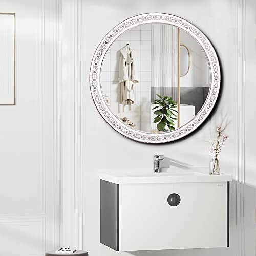 Jugty 24 Inch Decorative Wall Mirror, Farmhouse Wooden Circle Mirrors for Bedroom for Bathroom, Living Room, Foyer, Hallway, Boho Accent Mirrors