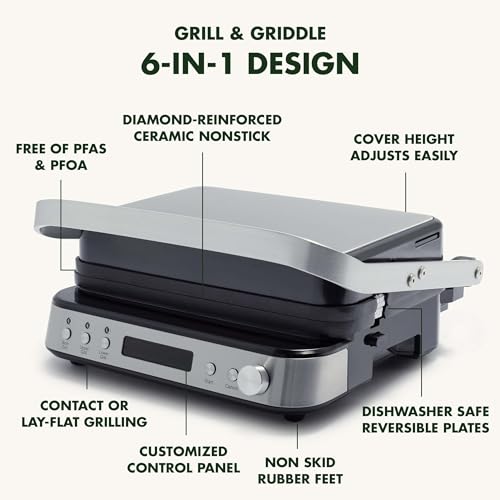 GreenPan Electric Indoor Stainless Steel 6-in-1 Contact Grill and Griddle, Healthy Ceramic Nonstick, Dishwasher Safe Reversible Plates, PFAS-Free
