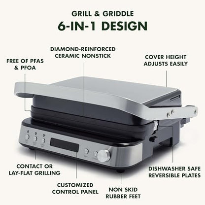 GreenPan Electric Indoor Stainless Steel 6-in-1 Contact Grill and Griddle, Healthy Ceramic Nonstick, Dishwasher Safe Reversible Plates, PFAS-Free