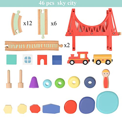 Giant bean Sky City Wooden Train Set for Boys Girls 1 2 3 4, 42 PCS Train Track Set, Railway with Stacking Rings & Rocks Train Accessories, Fits Brio, Melissa & Doug, Thomas and Friends