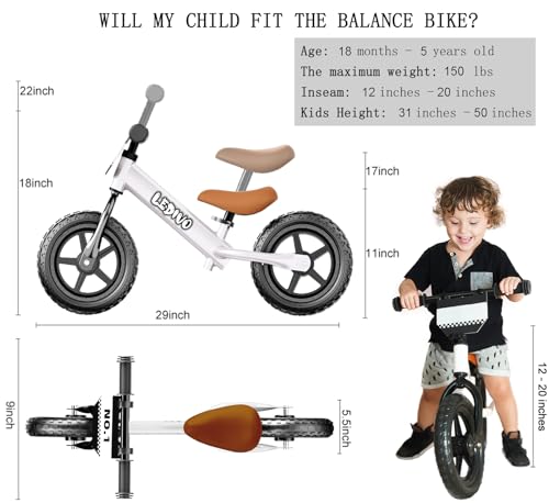 LEDIVO Toddler Balance Bike 2 Year Old, Age 18 Months to 5 Years Old, 12" Push Bicycle w/Customize Plate (4 Sets of Stickers & Toy Duck Included), Kids Balancing Gift Bike for 3-4 yrs Boys Girls